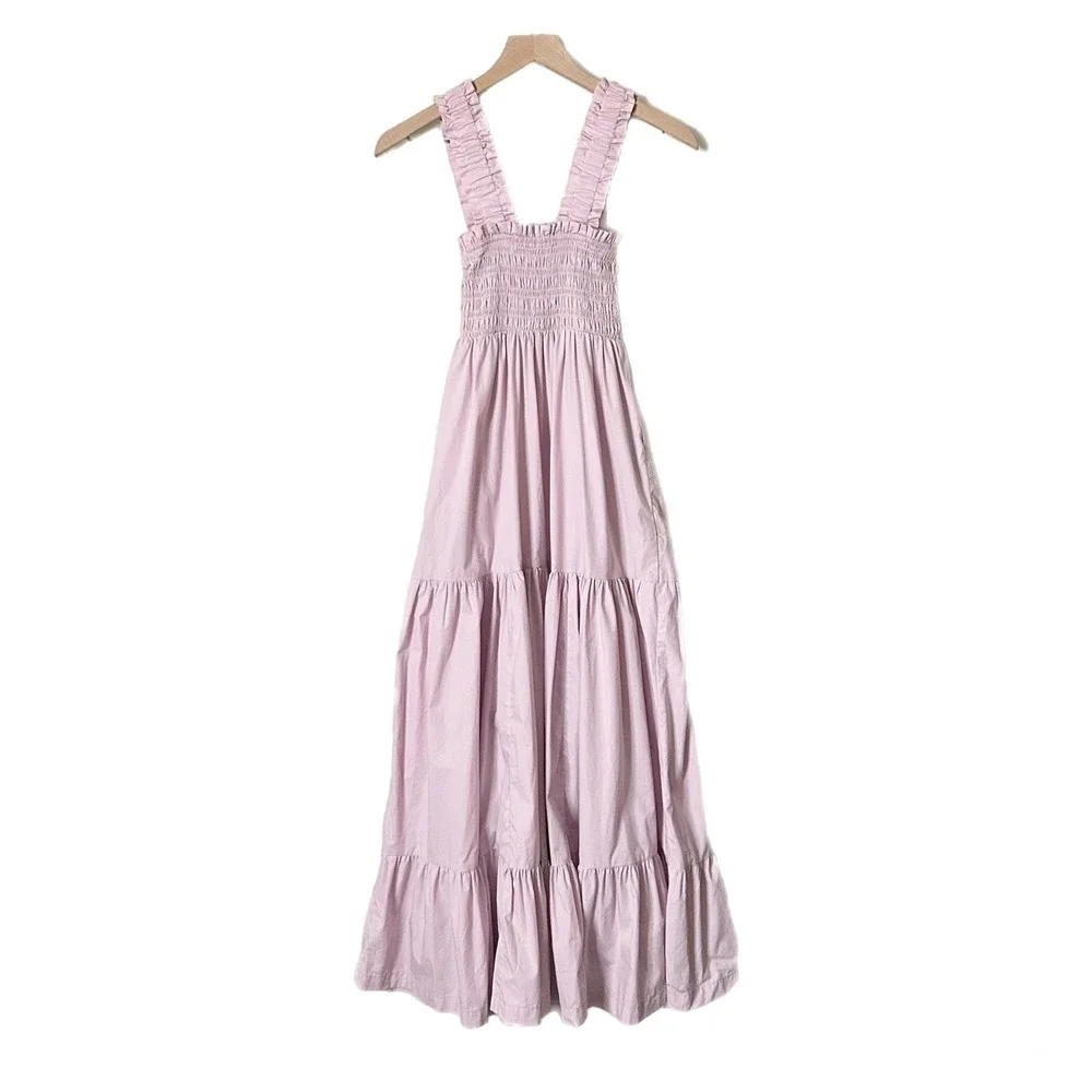 Abercrombie & Fitch Smocked Bodice Easy Maxi Dress Pink Tiered Ruffle Size XST